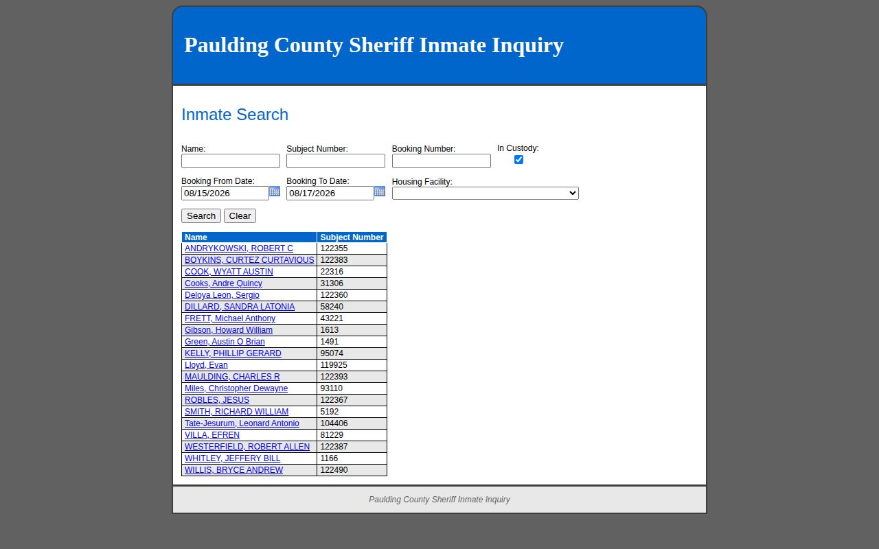Paulding County jail roster search for current custody and booking records