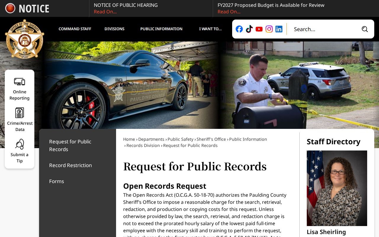 Paulding County booking and arrest records request information